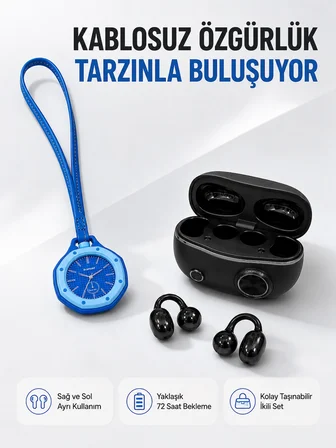 Kablosuz Kulaklık ve Mavi Çanta Charm Saat Kampanya Seti Taşınabilir Günlük Kullanım - Lisinya