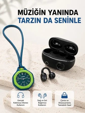 Kablosuz Kulaklık ve Yeşil Askılı Çanta Charm Saat Kampanya Seti Şarj Kutulu Bluetooth Kulaklık - Li