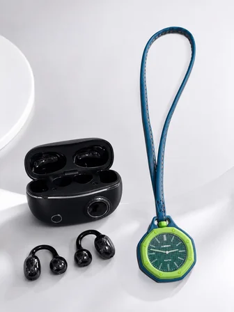 Kablosuz Kulaklık ve Yeşil Askılı Çanta Charm Saat Kampanya Seti Şarj Kutulu Bluetooth Kulaklık - Li