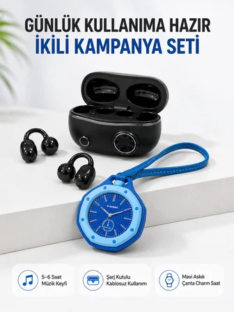 Kablosuz Kulaklık Mavi Çanta Aksesuar Saati Kampanyalı Müzik ve Günlük Kullanım Seti - Lisinya