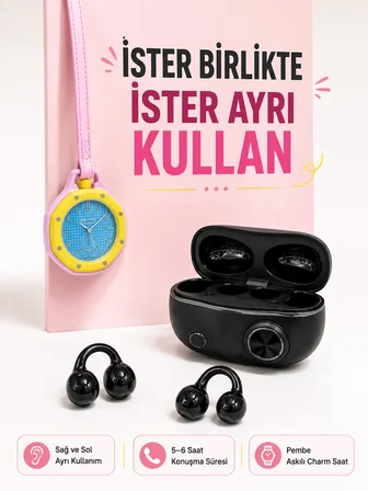 Kablosuz Kulaklık ve Pembe Askılı Çanta Charm Analog Saat Kampanya Seti - Lisinya