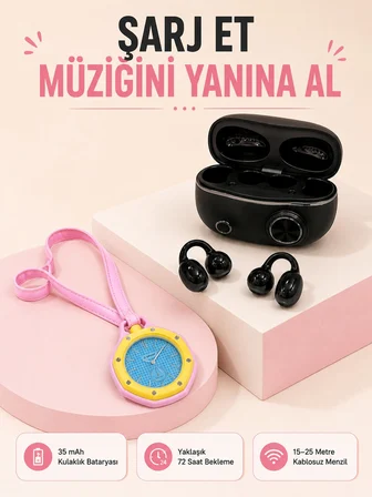 Kablosuz Kulaklık Seti ve Pembe Askılı Analog Charm Saat Günlük Kullanım Kampanyası - Lisinya