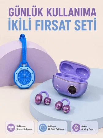Kablosuz Kulaklık ve Mavi Çanta Charm Saat İkili Set Taşınabilir Günlük Kullanım - Lisinya