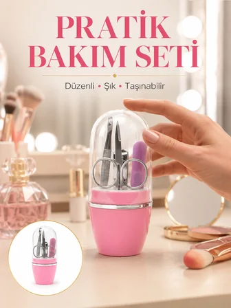 Tırnak Bakım Manikür Pedikür Seti 4 Parça Pembe Ev ve Seyahat Uyumlu Yeni Nesil - Lisinya