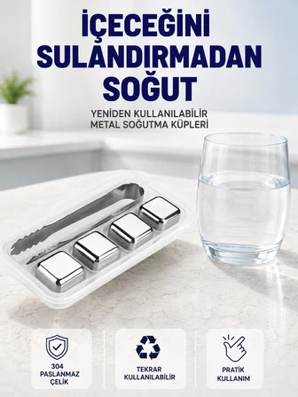 Paslanmaz Çelikten Üretilmiş Metal Buz Küpü Seti ve Buz Klipsi - Lisinya