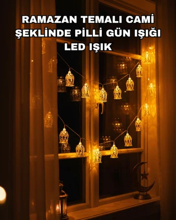 Ev Dekoru İçin Ramazan LED Işık Pilli Sıcak Sarı Cami Figürlü - Lisinya