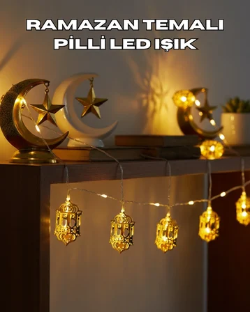 Ramazan Dekoru İçin Pilli LED Işık Altın Fener Tasarımlı - Lisinya