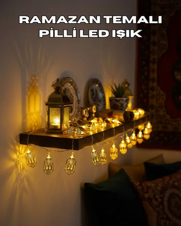 Pilli Altın Fenerli Ramazan Işıkları Dekoratif LED Zincir - Lisinya