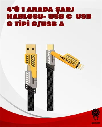 Dönüştürülebilir 4 Başlıklı Hızlı Şarj Kablosu – 1.2m, 65W, Dayanıklı ve Esnek Tasarım - Lisinya