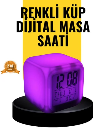 7 Renk LED Işıklı Alarmlı Dijital Küp Masa Saati Termometreli - Lisinya