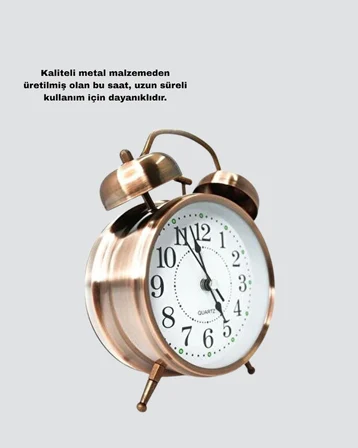 Metal Bronz Nostaljik Masa Saati Alarmlı Büyük Boy Sessiz Mekanizmalı - Lisinya
