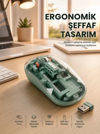 Bluetooth ve 2.4G USB Destekli Pilli Kablosuz Şeffaf Mouse Yeni Nesil - Lisinya
