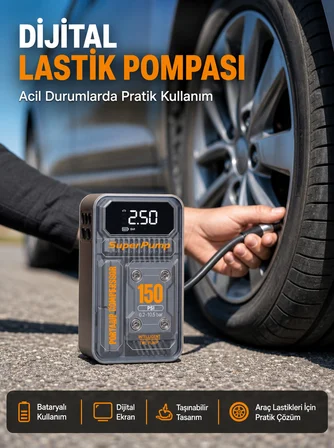 150 PSI Kablosuz Dijital Ekranlı Taşınabilir Araç Lastik Pompası - Lisinya