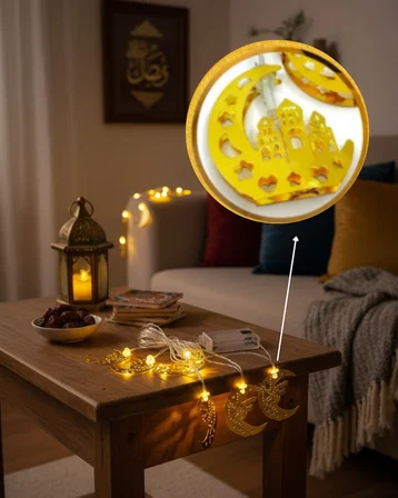 Ramazan Minare Detaylı Hilal LED Işık Günışığı Sarı Metal Süs - Lisinya