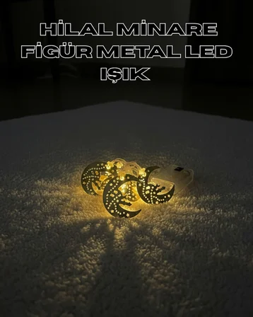 Gold Renk Metal Minareli Hilal LED Işık Pilli Ramazan Süsü - Lisinya