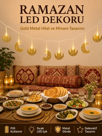 Minareli Hilal LED Işık Gold Metal Gövdeli Pilli Ramazan Dekoru - Lisinya