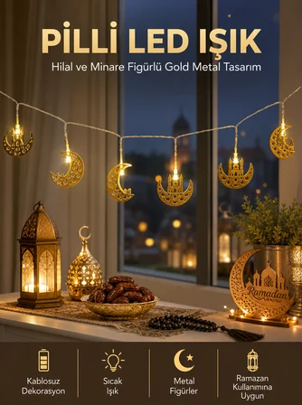 Pilli Minareli Hilal LED Işık Gold Metal Ramazan Dekorasyonu - Lisinya