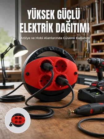 5 Metre Uzatma Kablolu 4 Prizli Makara Kırmızı - Lisinya