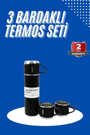 Termos Seti 3'lü Bardak Seti Isı Dayanıklı Siyah Paslanmaz Çelik Vakumlu - Lisinya