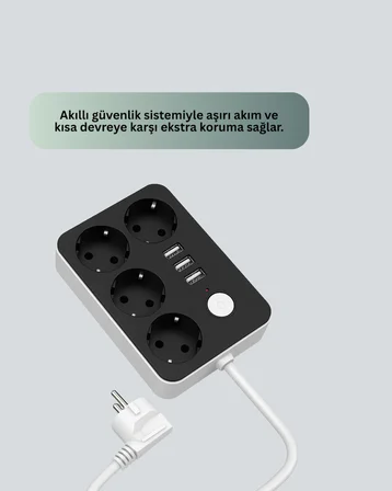 3 USB Çıkışlı 4’lü Akıllı Priz 2500W 2 Metre Kablo - Lisinya
