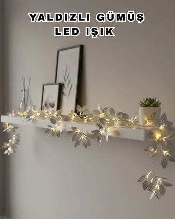 Yaldızlı Gümüş Yaprak LED Işık Pilli Dekoratif Ortam ve Yılbaşı Aydınlatması - Lisinya