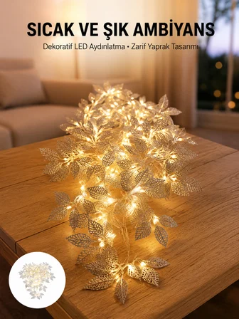 Gümüş Yaprak Tasarımlı LED Işık Pilli Ev ve Vitrin Dekoru - Lisinya