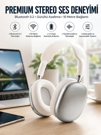 P9 Plus Kablosuz Kulak Üstü Bluetooth Kulaklık Beyaz Yüksek Ses Kaliteli - Lisinya