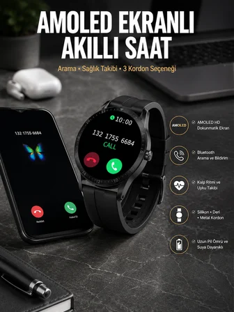 Akıllı Saat Amoled Ekran 3 Kordonlu NFC Ve GPS Uyumlu - Lisinya