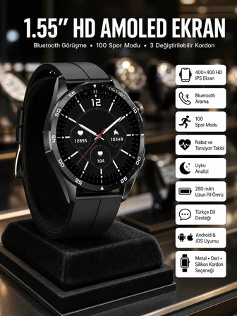 Amoled Ekran 3 Kordonlu Akıllı Saat 5.0 Bluetooth Bağlantılı Android ve İOS Uyumlu - Lisinya