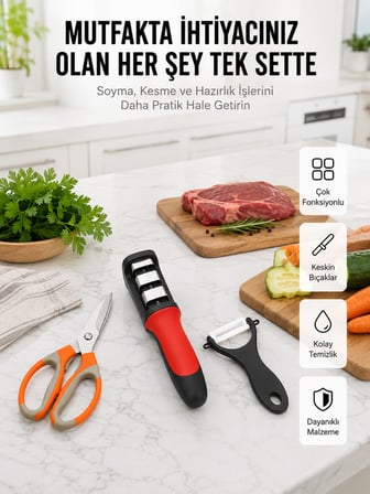 Profesyonel Mutfak Makas Seti –  Kesim Makası + Soyacak + Bileyici Yeni Nesil - Lisinya