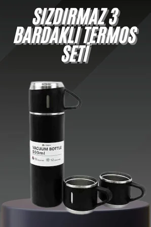 Termos Seti Paslanmaz Çelik 3 Bardaklı Vakumlu Termos Set 500 Ml 12 Saate Kadar Isı Koruma - Lisinya