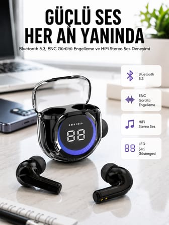 Kablosuz Dijital Göstergeli Powerbanklı IOS ve  Android Uyumlu Kulaklık - Lisinya