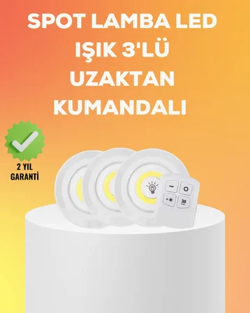 Çok Amaçlı Kullanım İçin Kablosuz Yapışkanlı 3 Lü Uzaktan Kumandalı Led Spot Lamba - Lisinya
