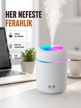 ABS Gövdeli 300ml USB Nemlendirici – Beyaz, Gri, Pembe Renk - Lisinya