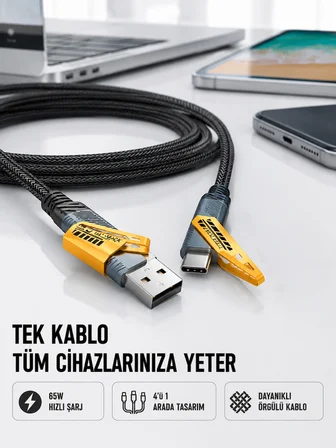 Örgülü Tasarım 4’ü 1 Arada USB-C Lightning Hızlı Şarj Kablosu - Lisinya