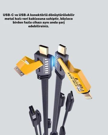 Örgülü Tasarım 4’ü 1 Arada USB-C Lightning Hızlı Şarj Kablosu - Lisinya