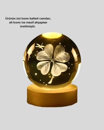 Dekoratif Yonca Görünümlü Işıklı Kristal Cam Küre USB Masa Gece Lambası - Lisinya