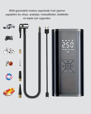 Kablosuz Dijital Lastik Şişirme Pompası LED Işıklı 80W - Lisinya