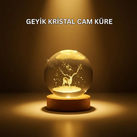 USB Bağlantılı Geyik Temalı Kristal Küre Premium Masa Gece Lambası - Lisinya