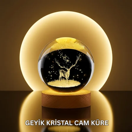 Doğal Ahşap Standlı Geyik Figürlü Kristal Küre LED Dekoratif Lamba - Lisinya