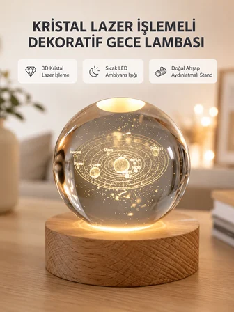 USB Bağlantılı Işıklı Kristal Küre Modern Ahşap Tabanlı Dekor - Lisinya