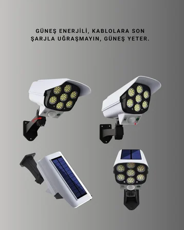 Güneş Enerjili LED Lamba + Güvenlik Kamerası Görünümlü– 5-8 m Hareket Algılamalı, Beyaz Işık - Lisin
