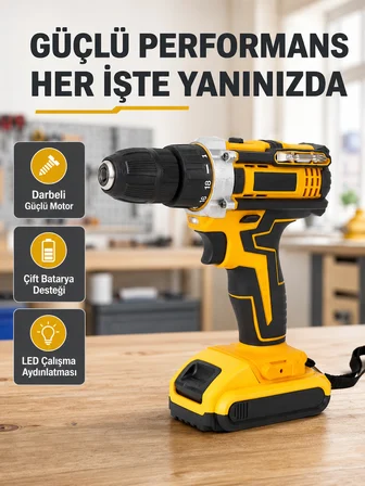 Çift Bataryalı Darbeli Şarjlı Matkap Seti – Metal Dişli, 24 Parça Aksesuar ve LED Işıklı - Lisinya