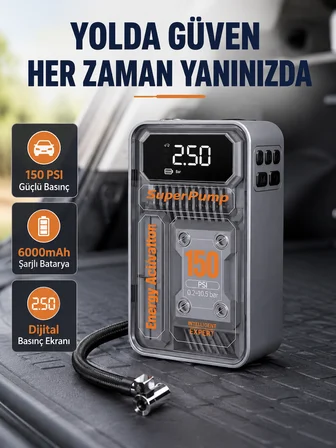 Şarjlı Kablosuz Hava Pompası – 150 PSI Basınç, LED Ekran ve 6000mAh Batarya - Lisinya
