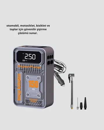 Şarjlı Kablosuz Hava Pompası – 150 PSI Basınç, LED Ekran ve 6000mAh Batarya - Lisinya