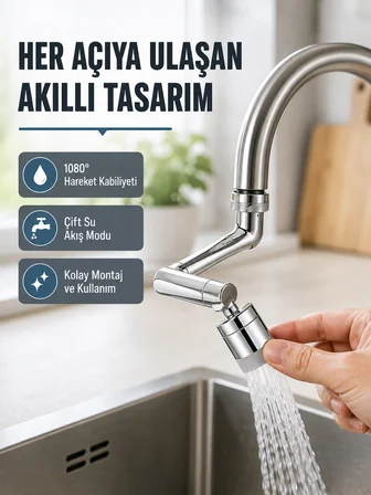 2 Modlu 1080° Dönebilen Musluk Başlığı Esnek 3 Eklemli Hareketli Tasarım - Lisinya