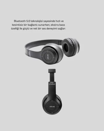 Bluetooth 5.0 Kablosuz Kulaklık – Extra Bass, TF Kart Desteği, 3.5mm AUX Girişli - Lisinya