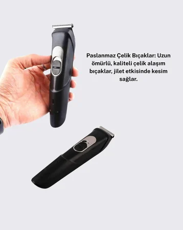 Kablosuz, Paslanmaz Çelik Bıçaklı Profesyonel Saç ve Sakal Tıraş Makinesi – Sessiz, Güçlü ve Ergonom