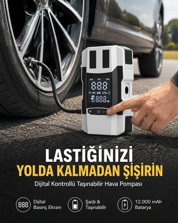 Araç Lastik Şişirme Pompası ve Akü Takviye Powerbank Bir Arada Yeni Nesil - Lisinya