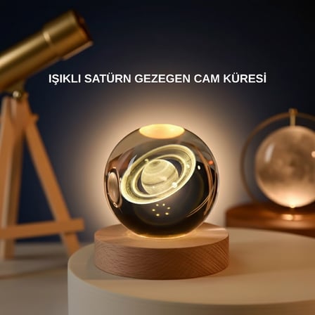 Satürn Gezegenli Kristal Küre LED Lamba USB’li Ahşap Standlı - Lisinya